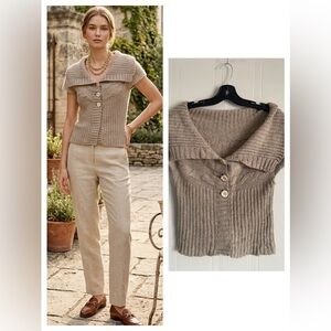 Taupe Mohair Knit Button Top Size S Soft Feminine Quiet Luxury Style